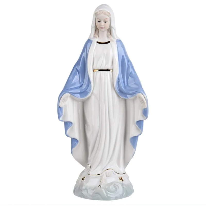Fine Porcelain Virgin Mary Statue Our Lady of Grace Blue White Figurine Hand-Painted Figure christian statue