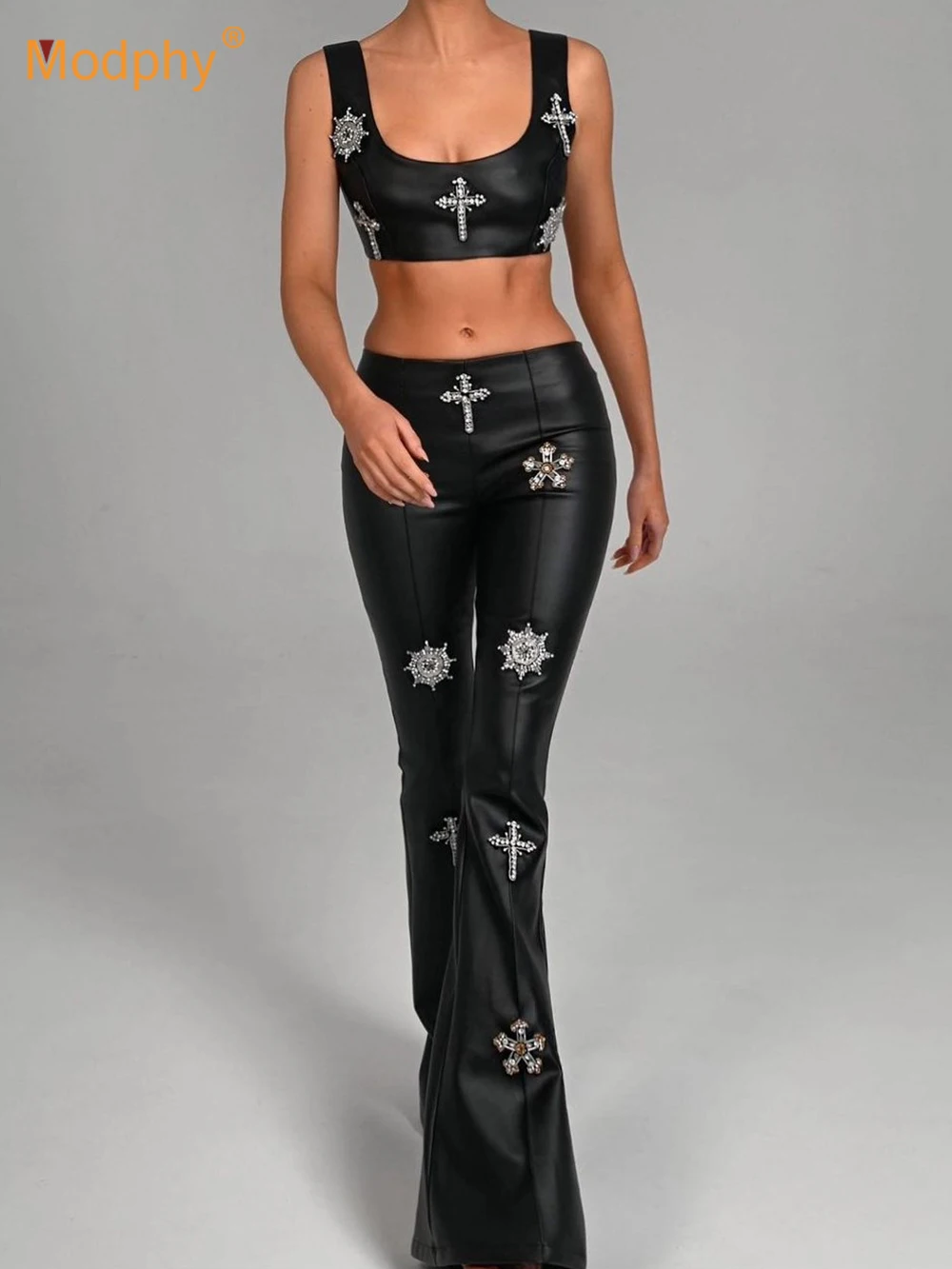 

Modphy 2023 Women's Beaded Diamond Sleeveless Cropped Top PU Sexy Skinny Pants Black Celebrity Party Two Piece Set Pantsuits