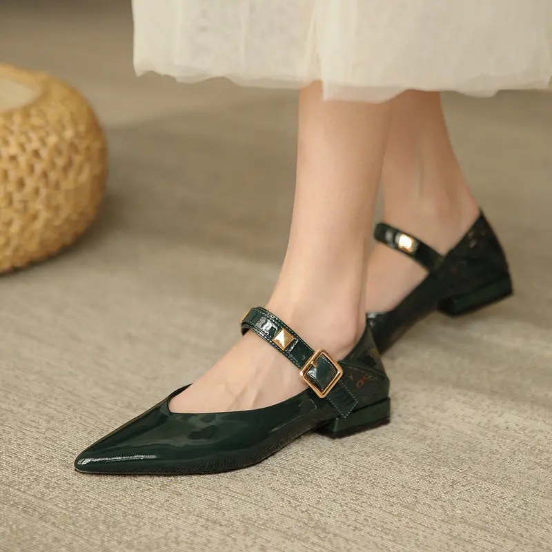 

Pointed-Toe Authentic Leather Low Heel Belt Buckle Classy Women's 2023 Spring and Autumn New Flat Shallow Mouth Mary Jane Shoes