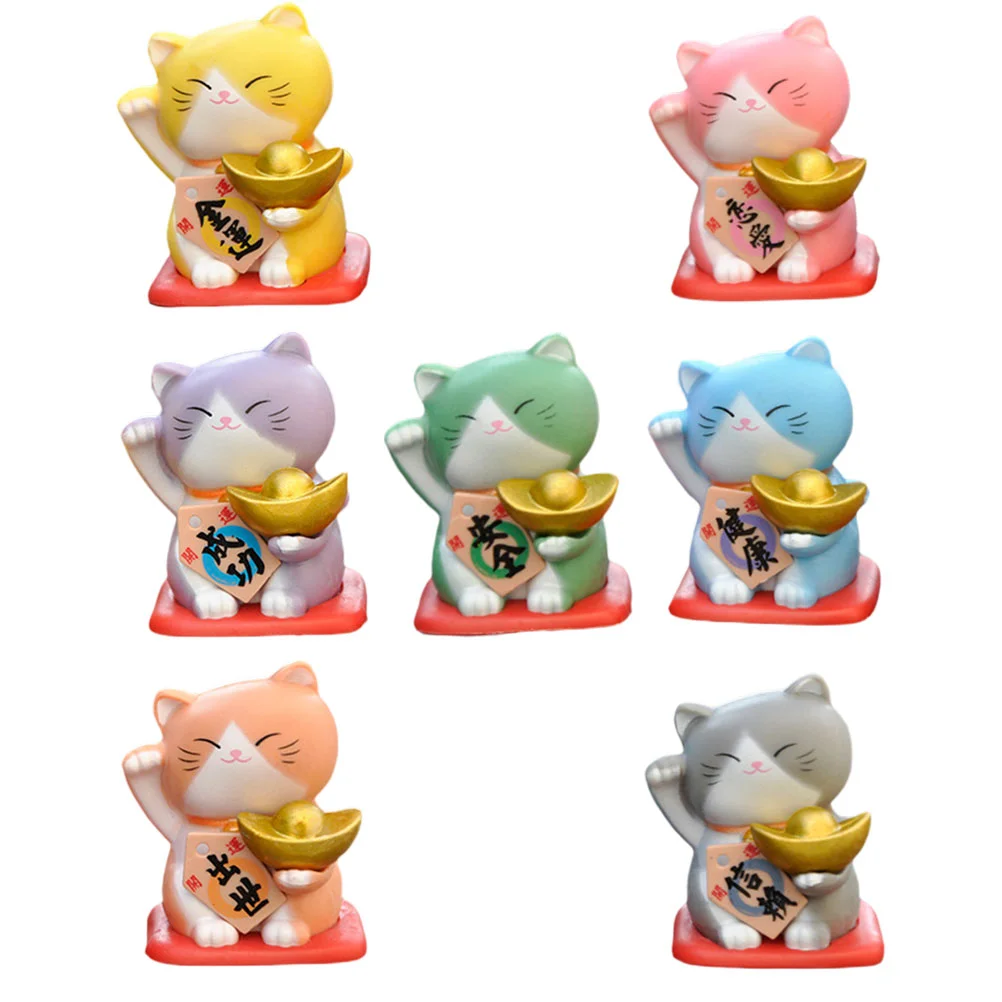 

7 Pcs Modeling Miniature Lucky Cat Kitten Models Resin Micro Landscape Ornament