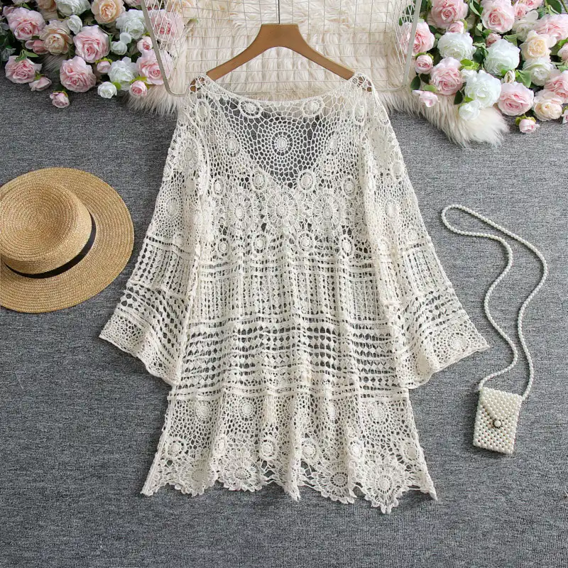 Crochet Tunic Top Boho Women Sheer Embroidery Open Knit Bell