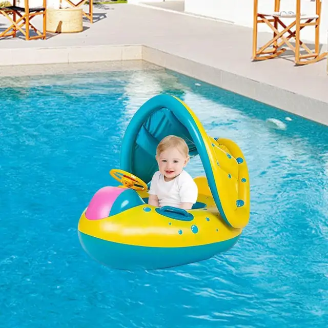 Baby Float Inflatable Toddler Beach Toy Baby Float With Sun Protection Canopy And Console Steering Wheel For Kids Outdoor Play 1