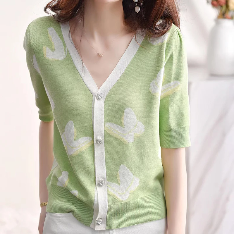 

Button V Neck Short Sleeve Cardigan Women Thin Knitted Sweater 2023 Spring Summer Female Cardigans For Woman Ladies Tops Sueter