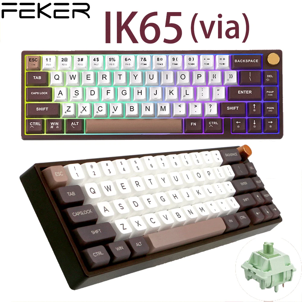 

FEKER IK65 VIA Mechanical Keyboard Bt 2.4G Hot Swap Bluetooth Matcha Switch Gasket PBT Keycaps 3Modes RGB 65% Knob Keyboard