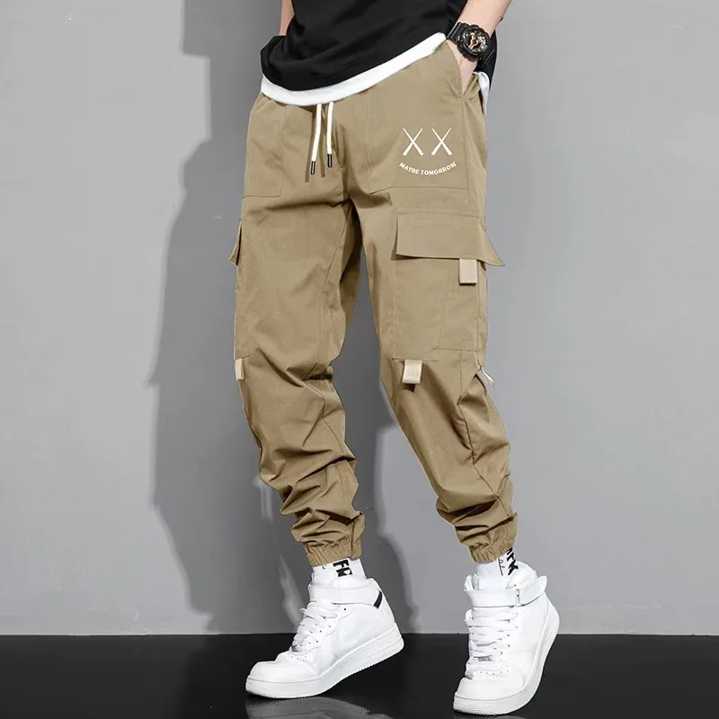 

Pantalones Cargo con cintas de letras para hombre, ropa de calle de estilo Hip Hop, chándal táctico informal con bolsillos, X9,