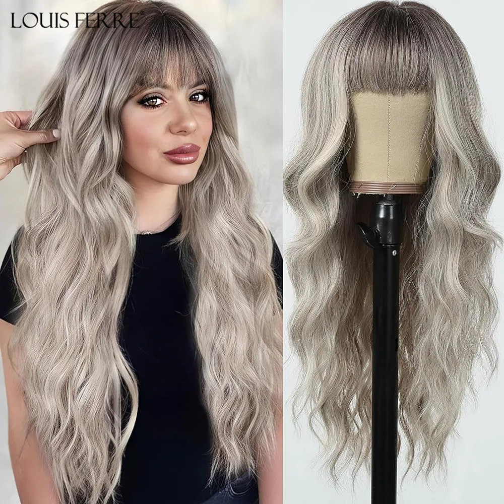 Parrucca Da Donna Louis Ferre Long Wave Ombre Parrucche Sintetiche Grigie Nere Con Frangia Per Uso Quotidiano Radici Nere Capelli Ricci Naturali