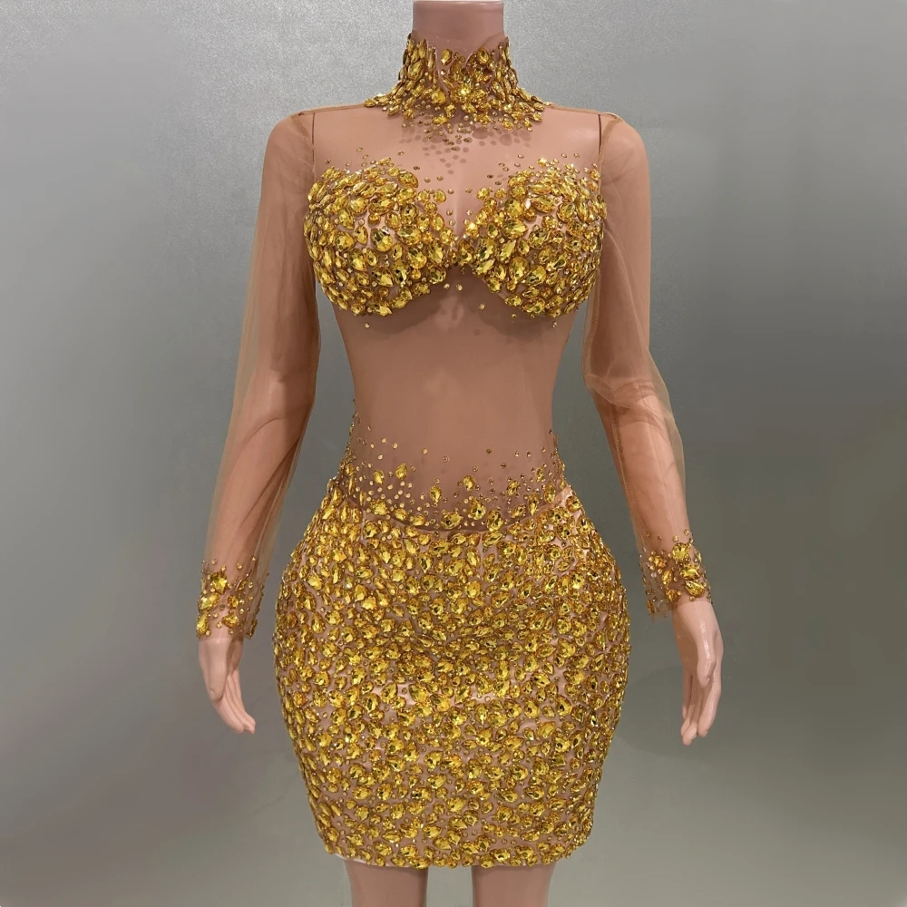 

Sparkly Gold Rhinestones Sexy See-Through Mesh Sheath Dress Evening Party Performance Costume Bar Nightclub Singer Stage Wear