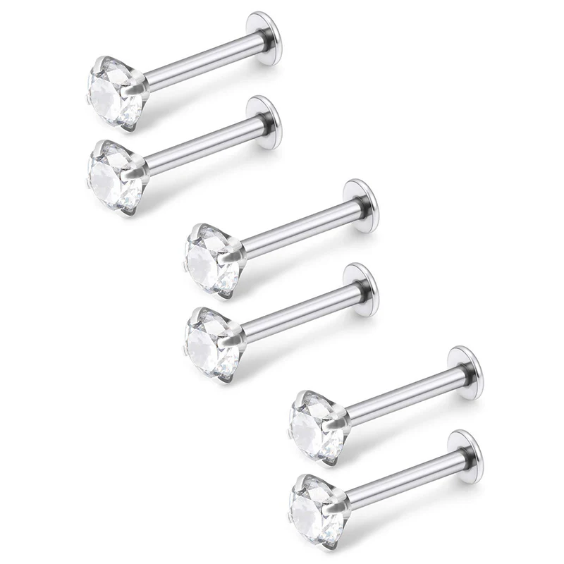 16G Stainless Steel Labret Lip Ring Piercing CZ Zircon Earring 6/8/10MM 6 Pcs/Lot