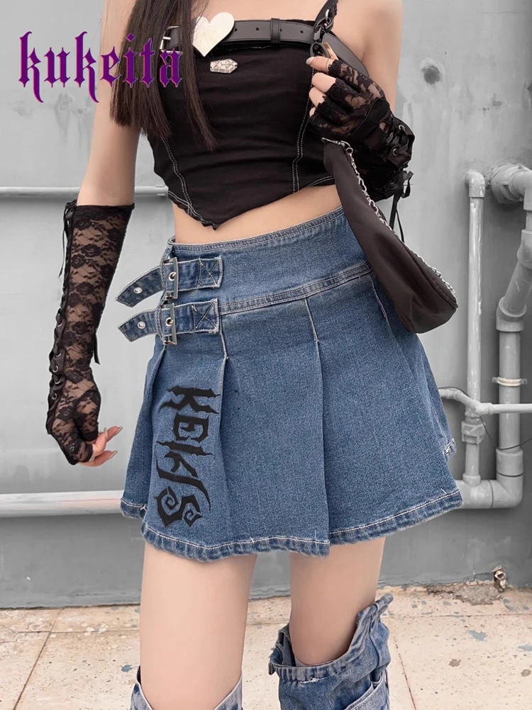 

Y2K Grunge Vintage Denim Mini Skirts Women Punk Style Harajuku Fashion Casual High Waist Pleated Short Skirt Chic Streetwear