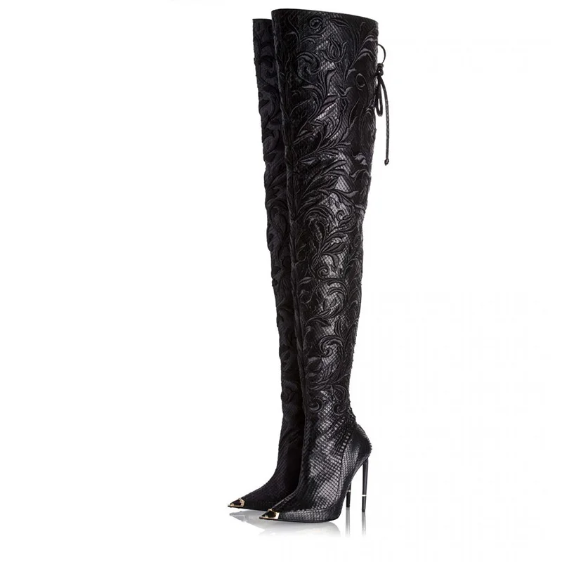 

Over Knee High Stiletto Boots Metal Pointed Toe Lace Up High Heeled Women's Slim Black Thread Embroidered Python Leather Boots