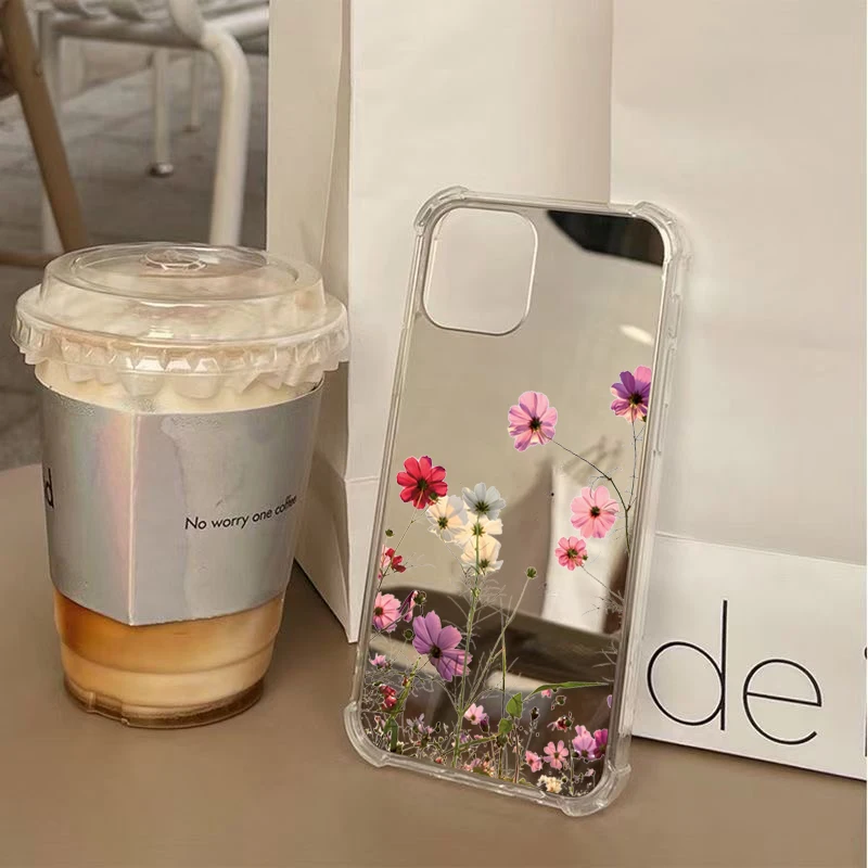 Chic Floral Mirror Shockproof Soft Phone Case with Makeup Feature