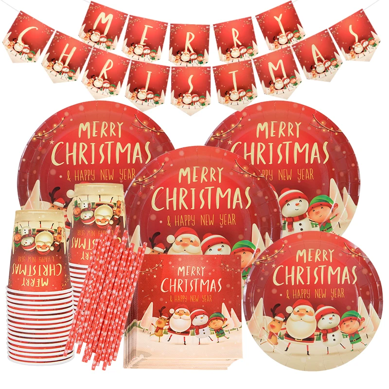 

Merry Christmas Disposable Tableware Santa Claus Elk Paper Plates Cup Snowflake Straws For Xmas New Year Party Decor Banner Noel