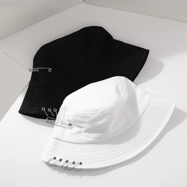  - Fashion Brooch Hoop Women Bucket Hat Punk Hip Hop Black White Men Fisherman Cap Summer Casual Streetwear Panama Caps For Girls