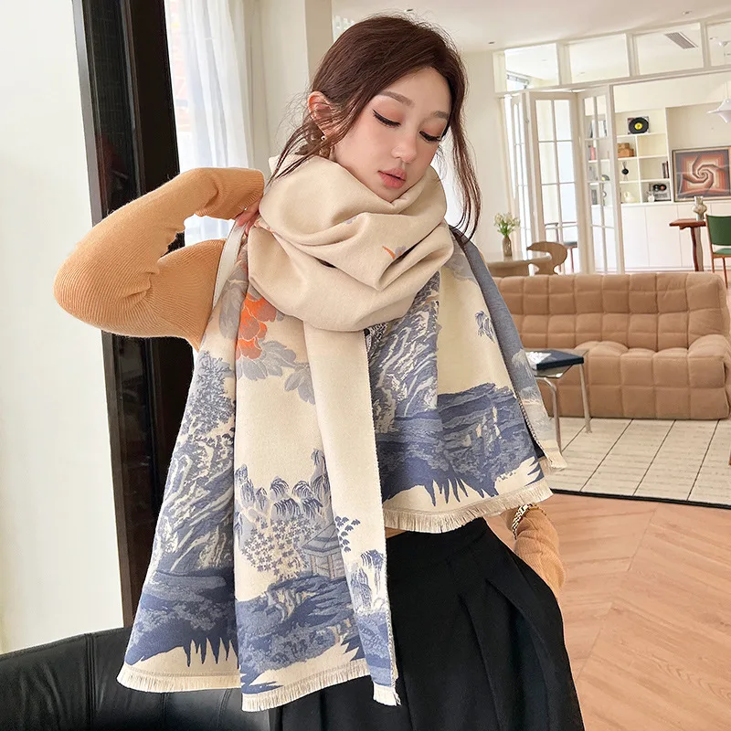 Retro New Plum Blossom Cashmere Scarf Women Thickened Double-sided Shawl Fashion Pashmina