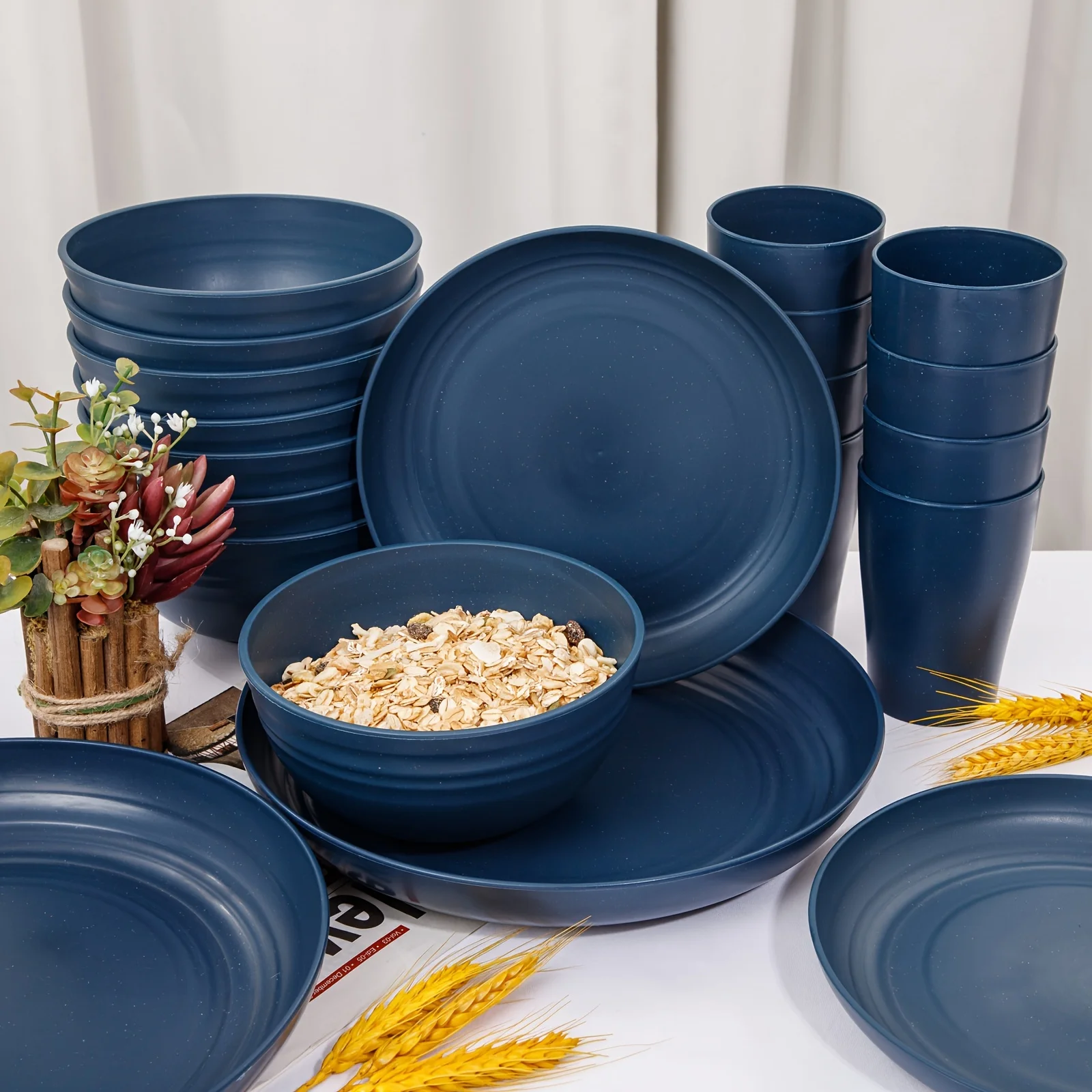

32pcs Wheat Straw Dinnerware Sets, Dinnerware Sets For 8, Plates And Bowls Sets, Reusable Dinnerware Set, Microwave Dishwasher S
