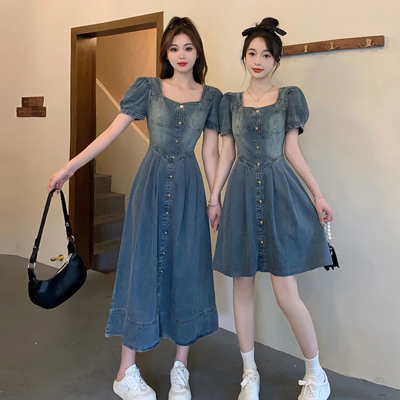 

Женское джинсовое платье средней длины, Элегантное повседневное однобортное платье с квадратным вырезом и коротким рукавом, с высокой талией, лето