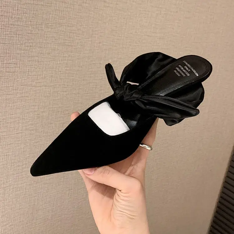 

Black Suede Women Spring Mules Shoes Pointed Toe Shallow Slippers Cross Bowknot Decor High Heels Size40 Lady Elegant Pumps
