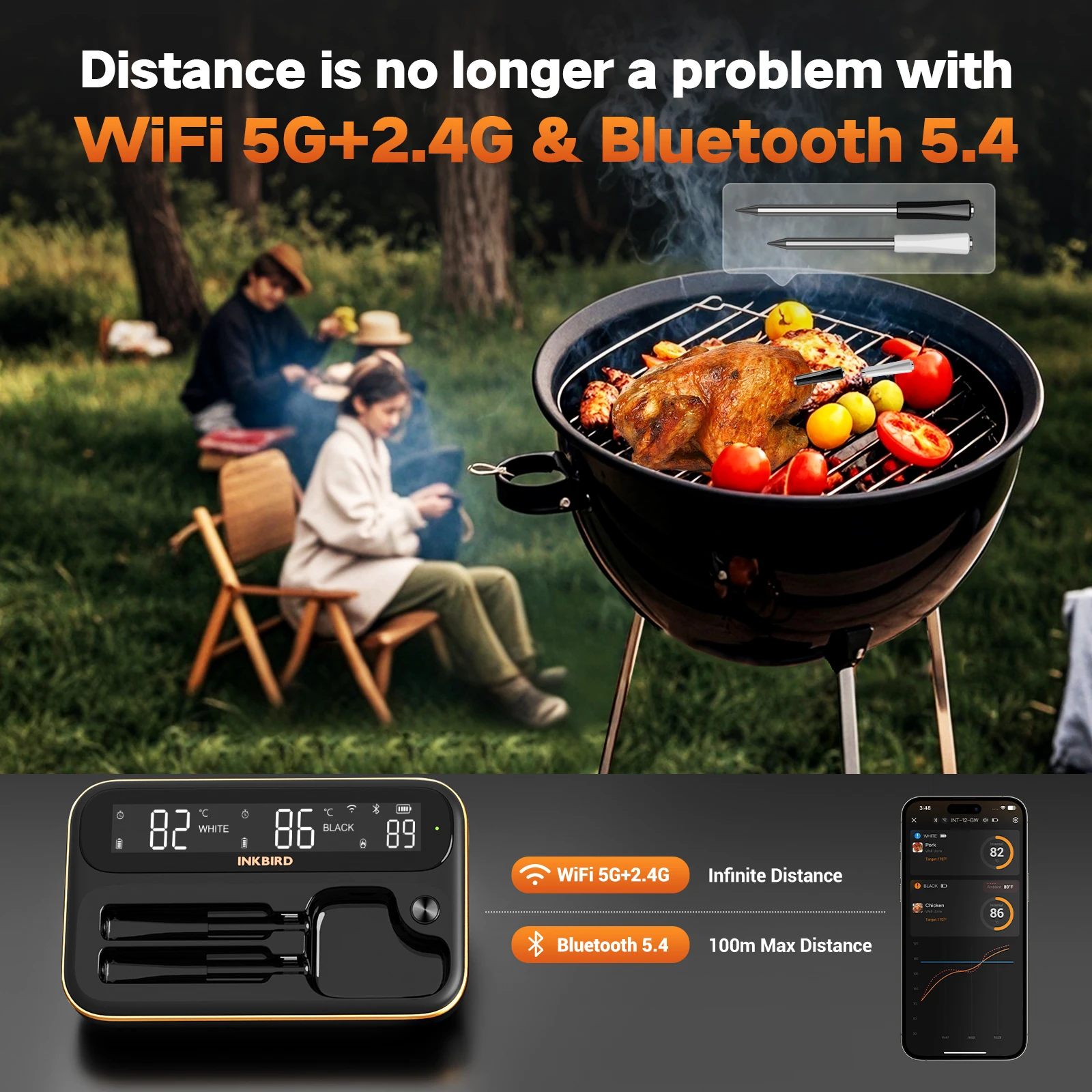Dual Mode Wireless Meat Thermometer,Long Short Probe Combo,Backlit HD LCD,IP67 W