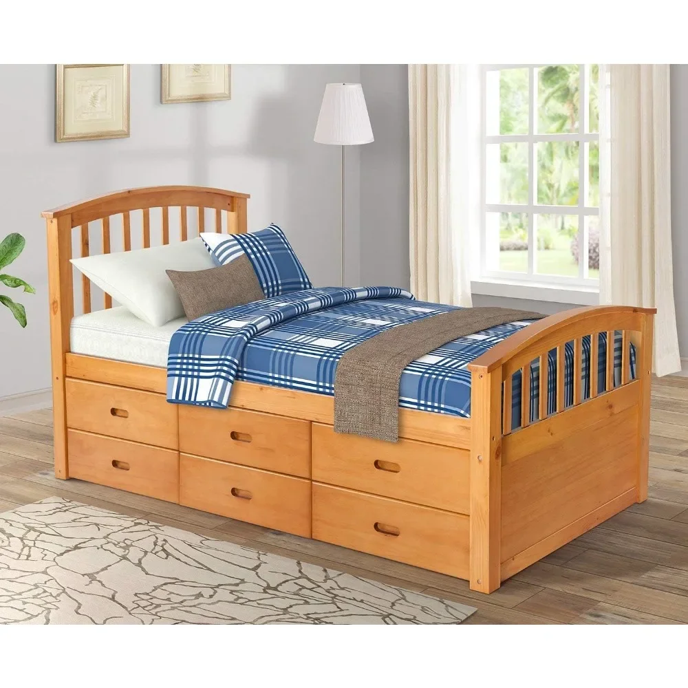 Children's Bed Frame, Twin Size Platform Storage Solid Wood with 6 Drawers, Children's Bed Frame