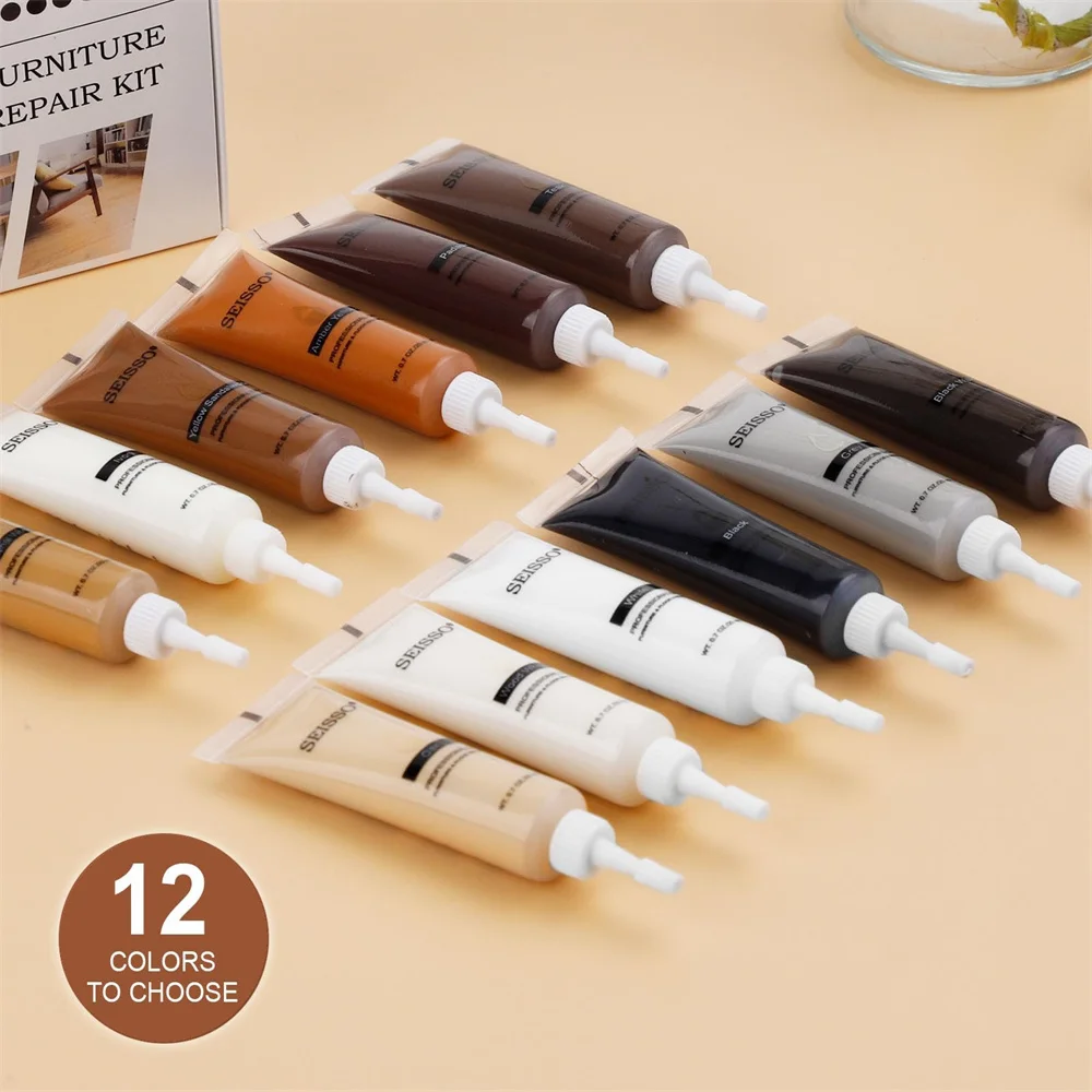 SEISSO 12 Colors Furniture Wood Floor Repair Kit Furniture Touch Up Kit Cover Wood Desk Scratch Restorer Filler
