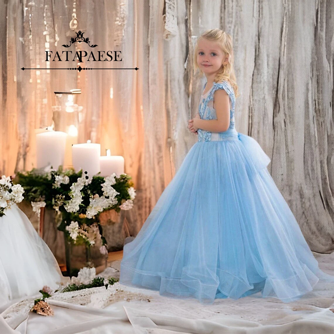 

FATAPAESE Light Blue Flower Girl Dress Beading Stons Corest Junior Bridesmaid Ball Gown for First Communion Birthday Dresses
