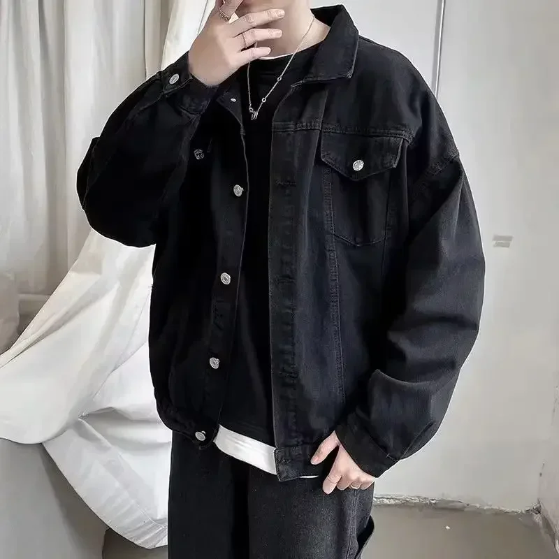 thumbnail image 1 of Abrigo vaquero para hombre, chaqueta vaquera negra tipo cargo, de manga ancha, de una pieza, talla L, para invierno, estilo Joker, informal, moderno, lavado rockero, 1 of 5