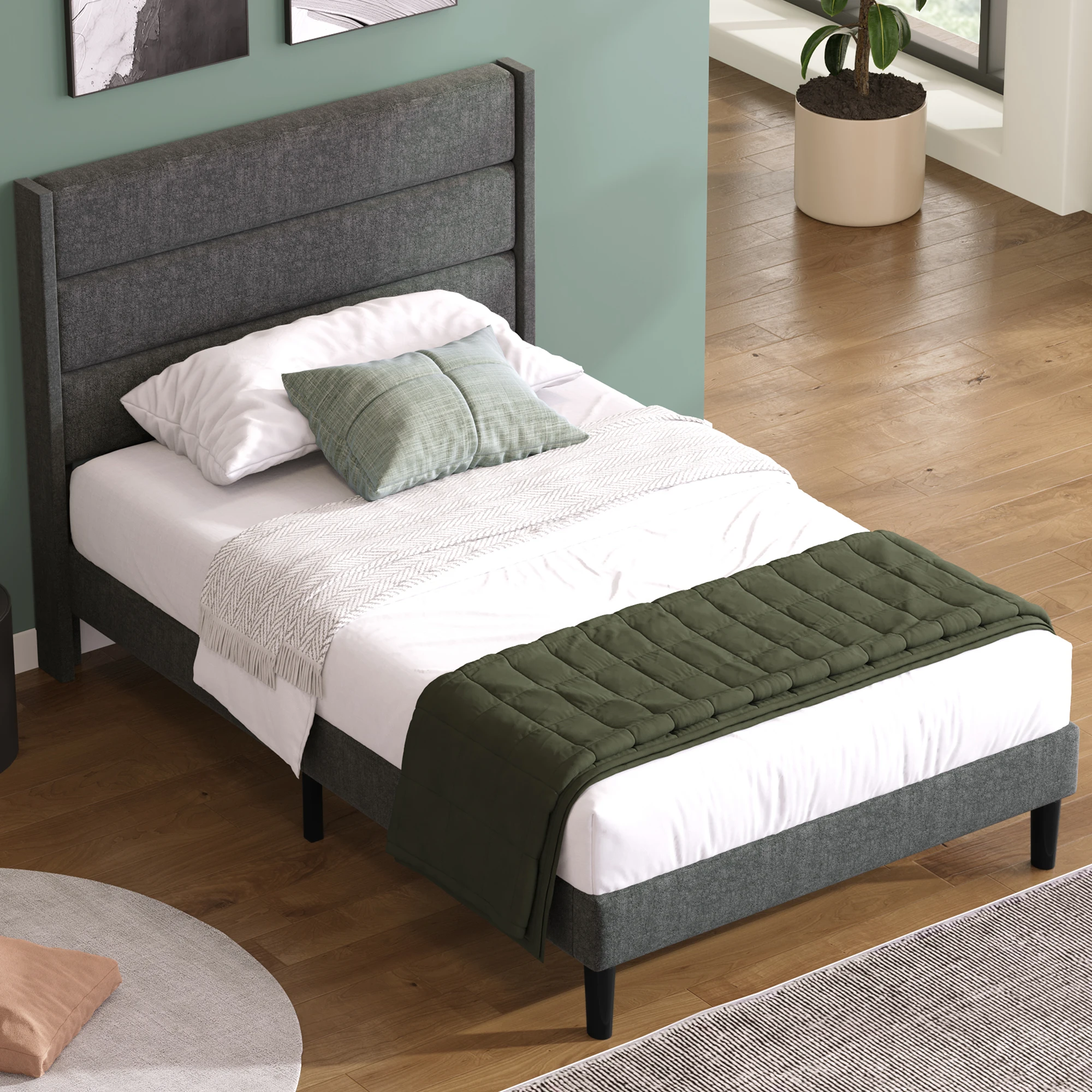 90 x 200 cm großes Polsterbett mit Lattenrost und Kopfteil aus grauem Leinen, modernes Jugenddesign. – Detail 12
