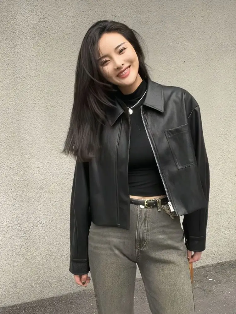 Black Collar Cool Leather Jacket Spring Autumn Korean Loose-Fit Slim Short Zipper Motorcycle Jacket