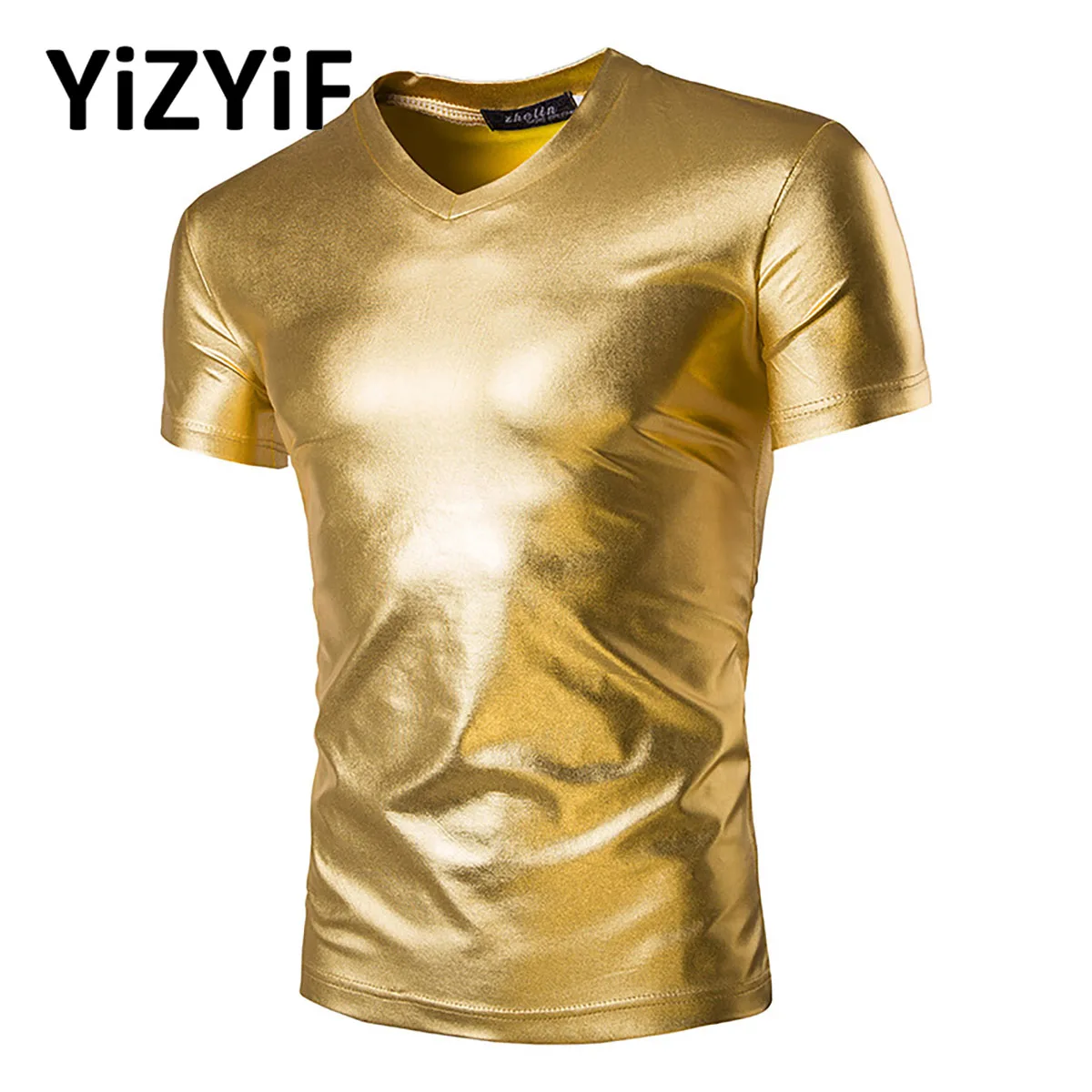 

Mens Sexy Disco Party T-shirt Rave Party Clubwear Shiny Metallic V Neck Short Sleeve Slim Fit Gold Tops Tee Stage Costume