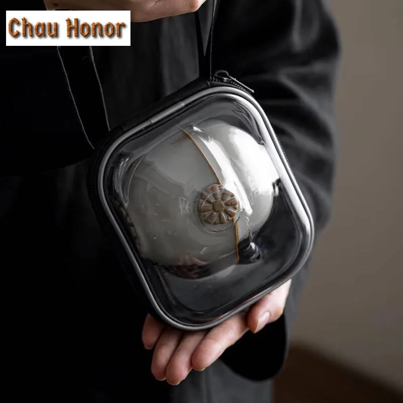 Retro Azure Ru Kiln Porcelain Tea Set Kit Ancient 1 Pot 3 Cups Tea Brewing Camping Handbag Chinese Tea Set Equipment Collection