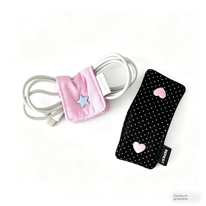 Earphone Decoration Accessories Handmade Fabric Cute Wave Dot Earphone Storage Bag Data Cable Organizer