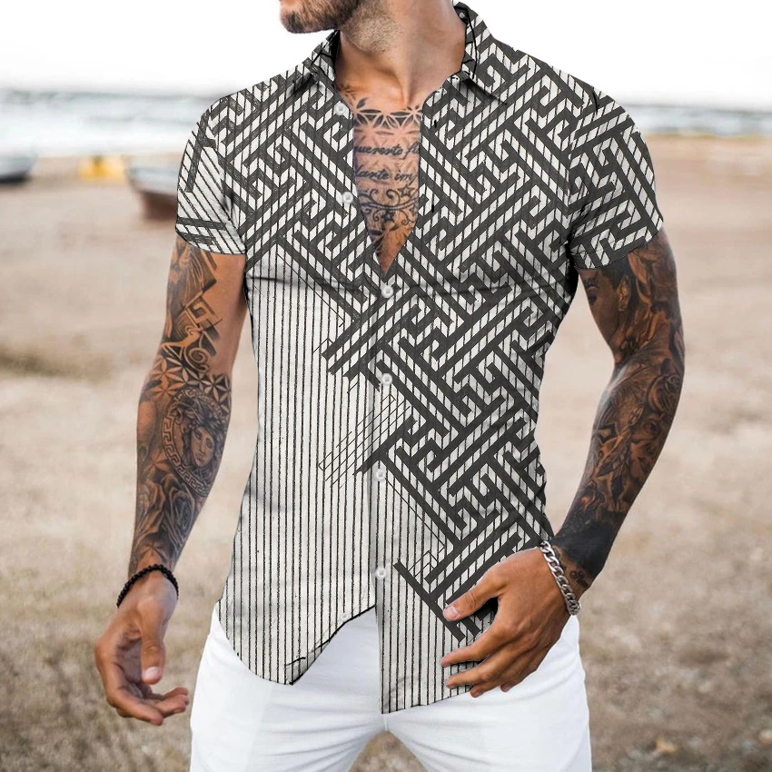 

Short Sleeve Men Shirts Anime Print Casual Business Y2k Vintage Street Style Men's Blouses Summer Male Tees Fashion Luxury Tops