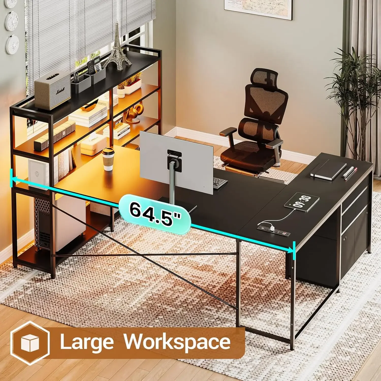 L Shaped Gaming Desk,Reversible U Shaped Computer Desk with Power Outlet and Storage Shelves, Corner Gaming Desk with LED Lights 5
