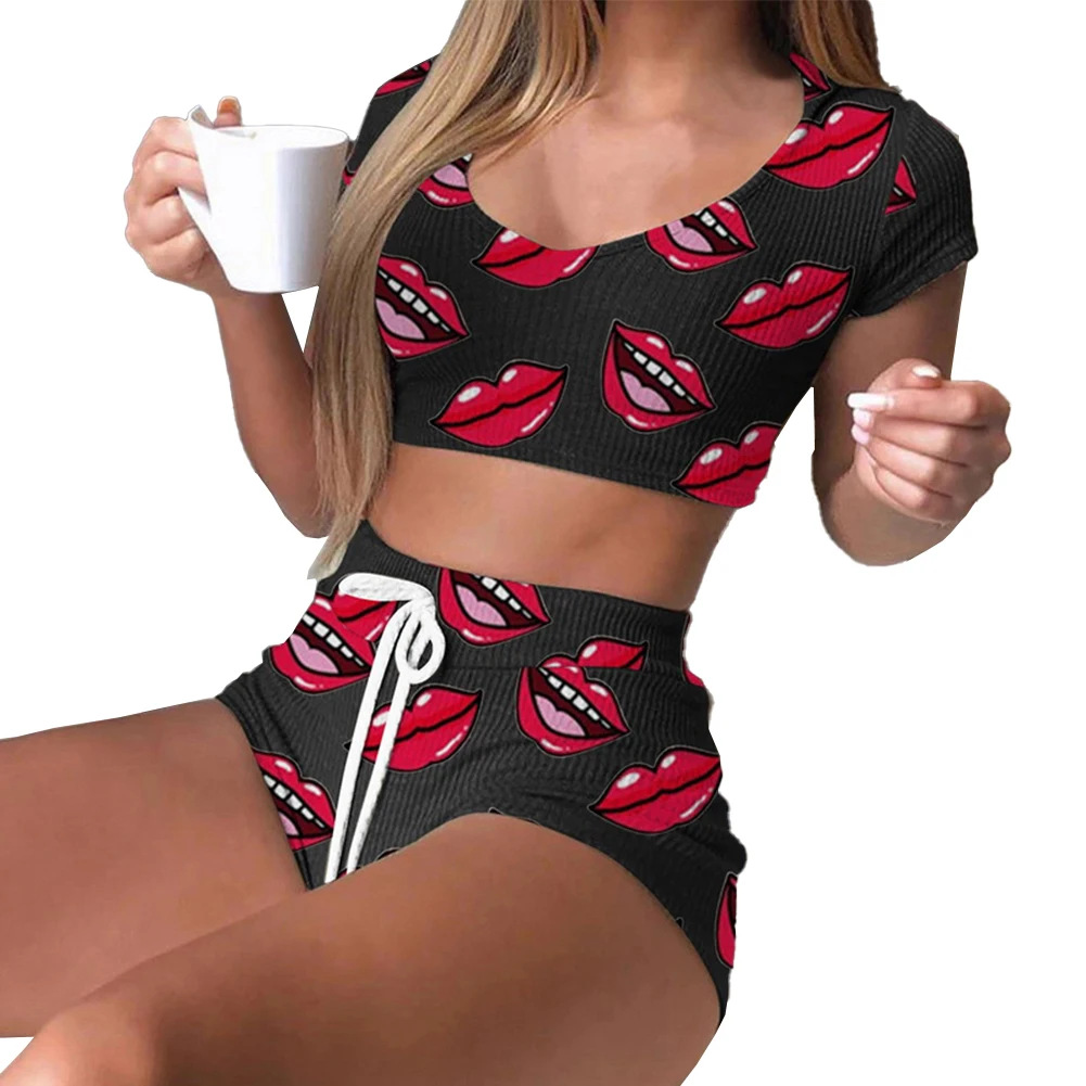 

Sexy Women Short Lingerie Set Fashion Lips Print Sleepwear Hight Cut Elasticity Pajamas Short Sleeves Top Casual Homewear