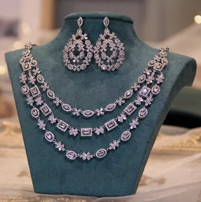 متعدد الطبقات الزركون قلادة الأقراط مجموعتين العرو...