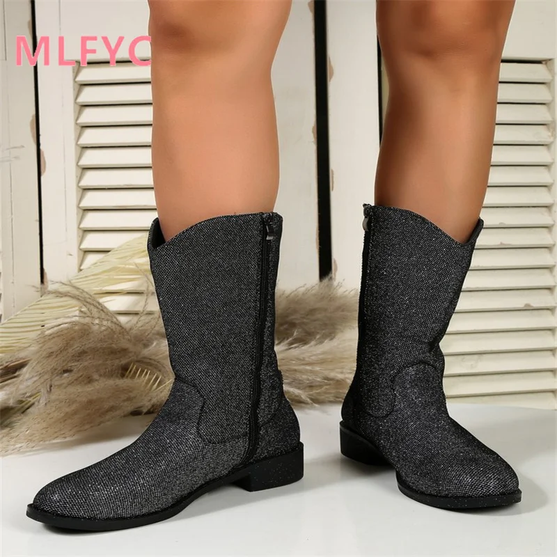 Autumn and Winter New European and American Women's Shoes Low Heel Sequins Fashion Network Red Mid Sleeve Boots for Women