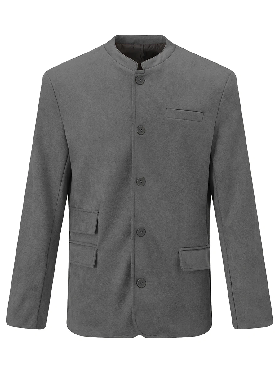 Men&rsquo;s Blazer Vintage Long Sleeve Stand Neck Button Closure Solid Business Jacket Casual Jacket