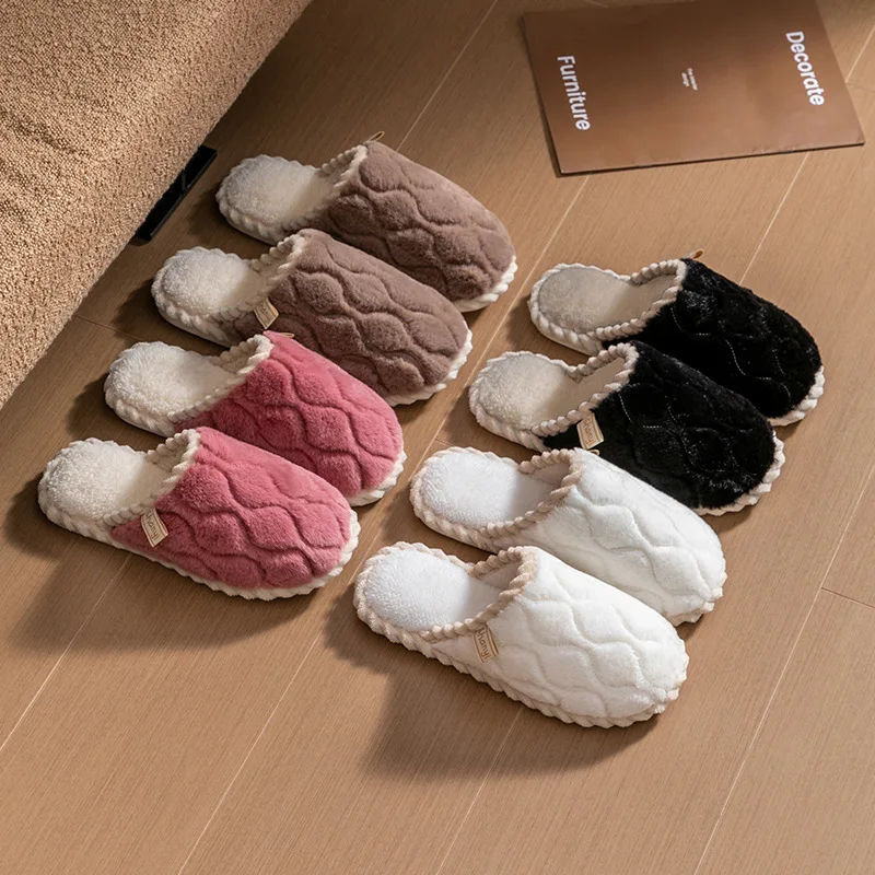 New Women Cotton Slippers House Couples Fluffy Slides Autumn Winter Solid Warm Plush Slippers Bedroom Ladies Cotton Shoes TG28 4