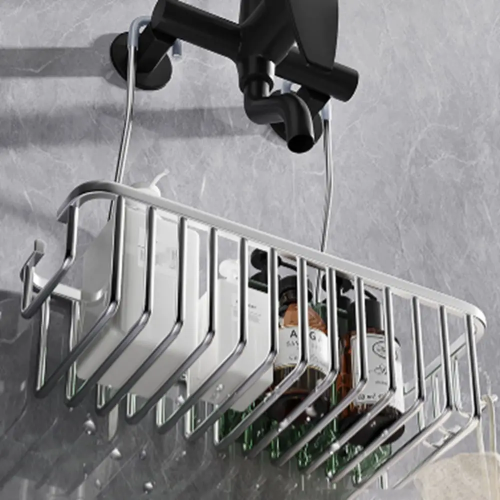 Silver/Black/Grey Hanging Shower Basket with Hooks Large Capacity Bathroom Storage Rack Rustproof Bathroom Hanging Shelf Home 4