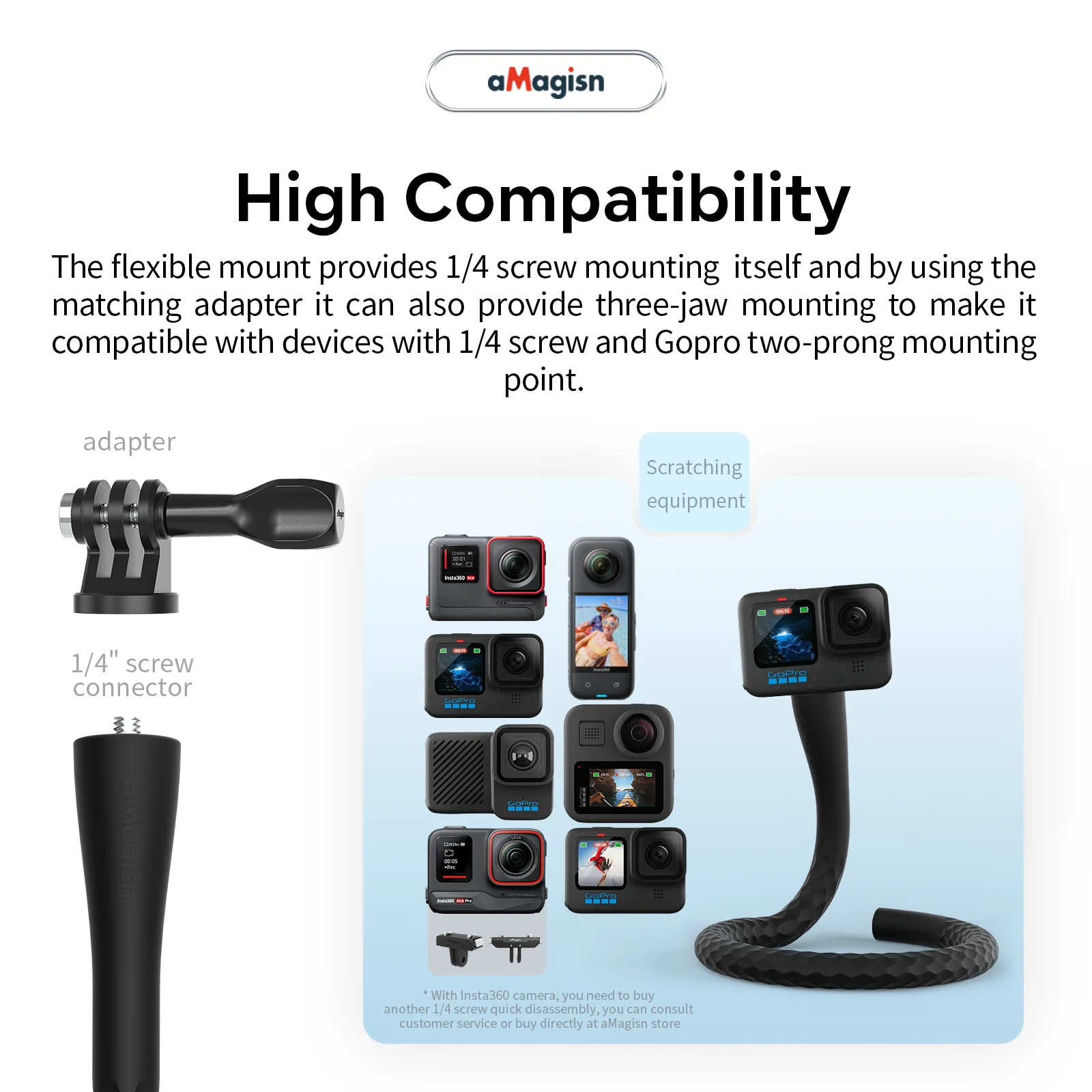 aMagisn Flexible Mount for Action Camera，Bendable Selfie Stick for Gopro Hero Insta360 Ace Pro X4 X3 Osmo Camera Accessories
