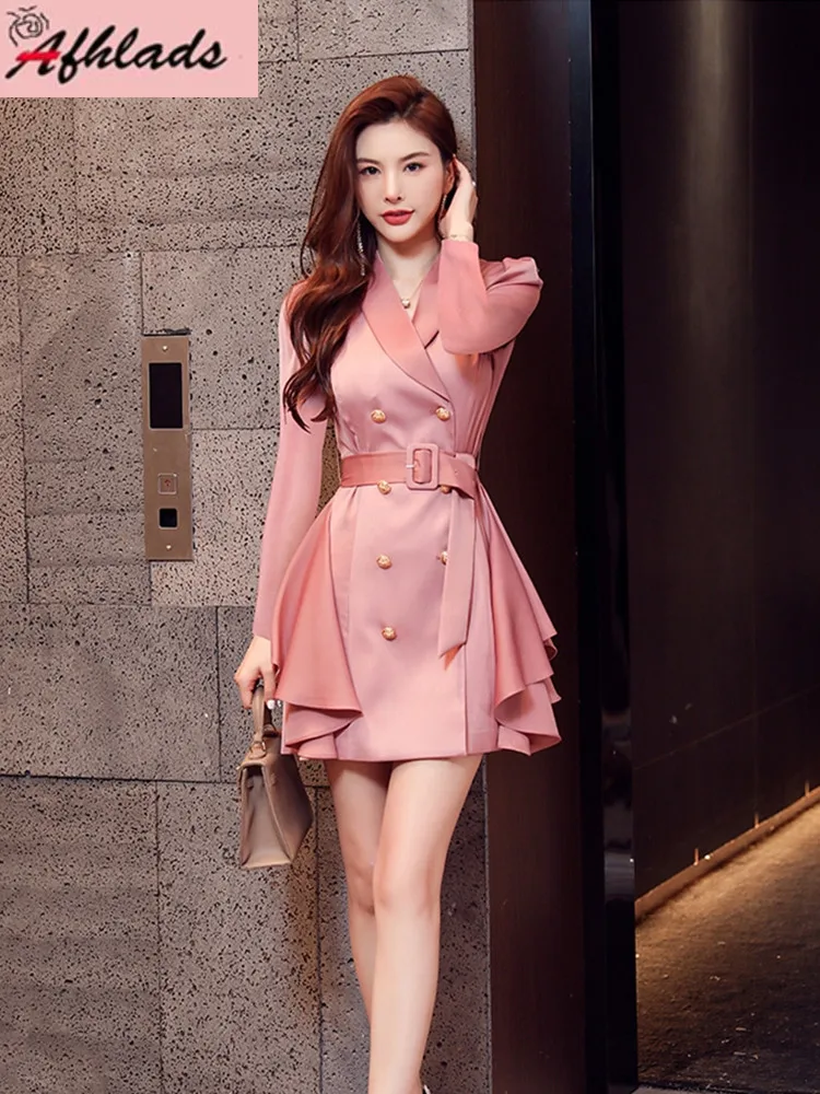 

Spring Solid Color Long Sleeve Double Breasted Women Dress Fashion High Quality Turn-Down Collar Office Lady Mini Vestidos