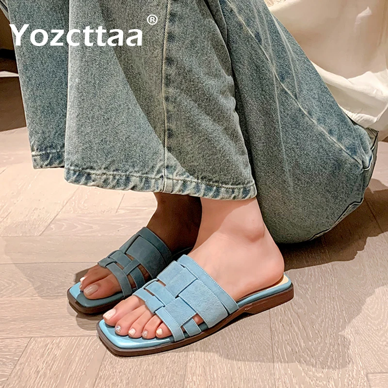 

Тапки Yozcttaa женские на плоской подошве, удобные летние туфли из натуральной кожи, на низком каблуке, повседневные пляжные сандалии, размеры 34-39