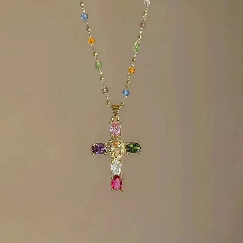 Fashion Colorful Zircon Cross Pendant Necklace for Women Stainless Steel Silver Color Charm Crystal Beaded Chain Necklace