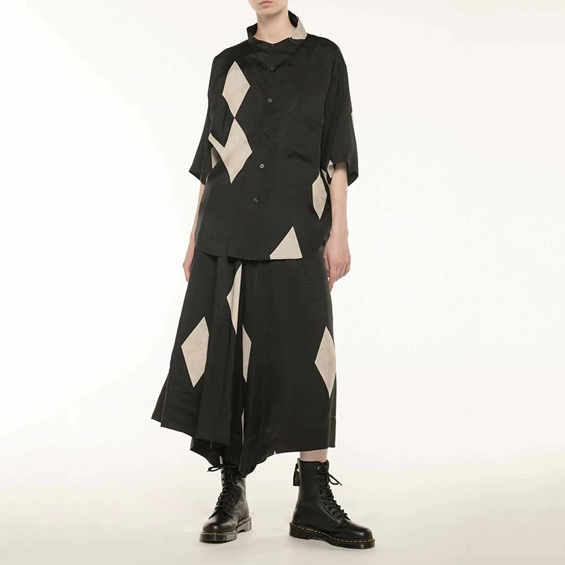 2024 YAMAMOTO-Style Loose Fit Diamond Patchwork Oversized Couple Shirt Blouse Plus Size Men Women