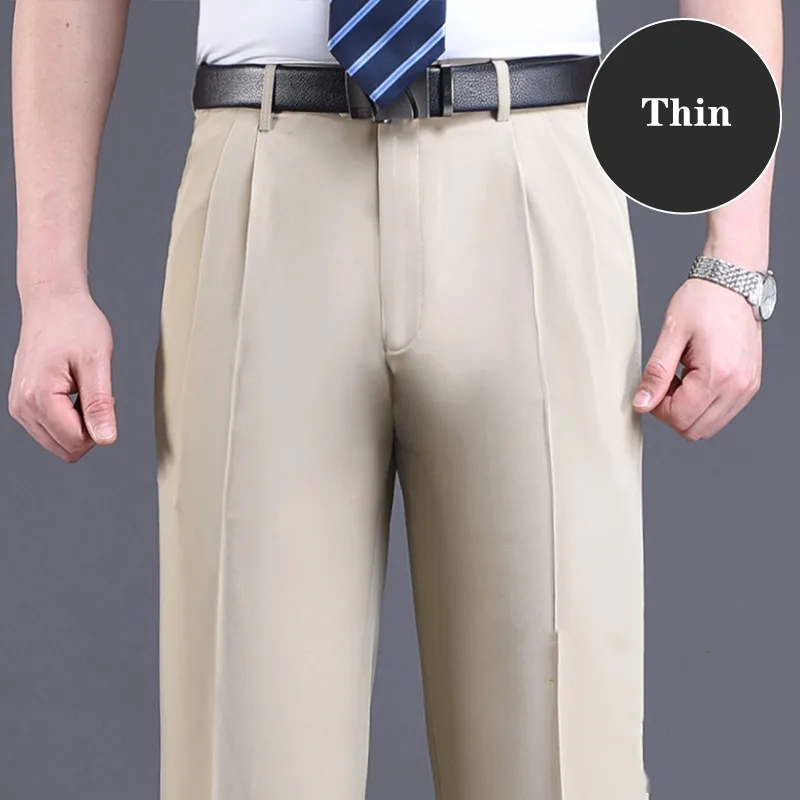 Double Pleated Suit Pants Men Black Brown Business Khaki Trousers for Loose Straight Classic Thin Summer