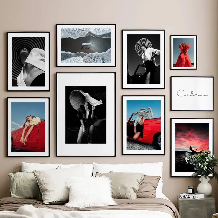 

Red Car Hat Girl Black White Photo Nordic Posters And Prints Wall Art Canvas Painting Wall Pictures For Living Room Club Decor