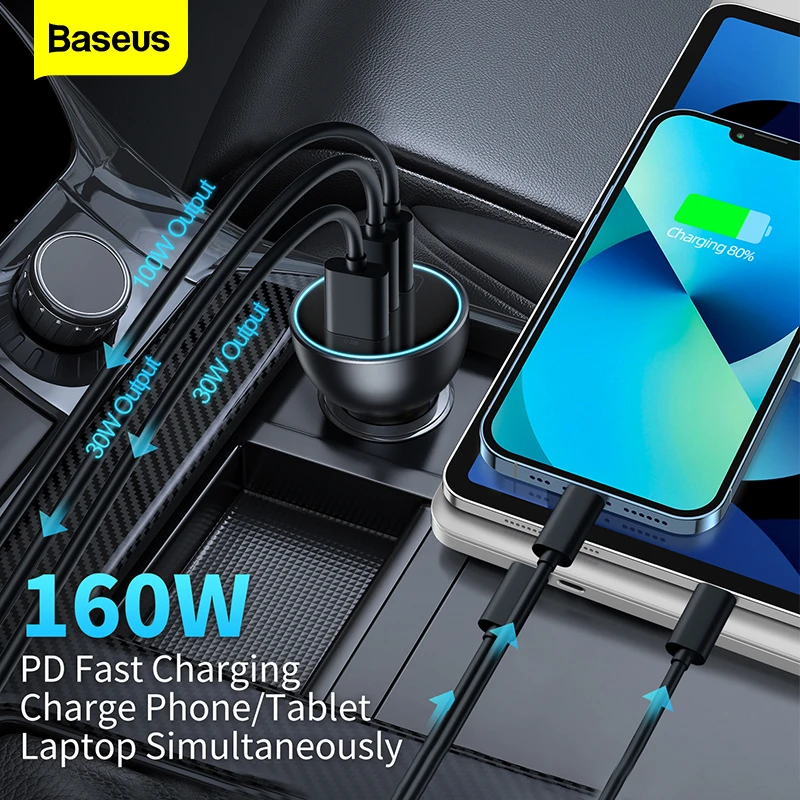 Car Charger Baseus 160W Car Charger Quick Charge QC 5.0 4.0 PD For Macbook iPad Pro Laptop USB Type C iPhone 16 Xiaomi