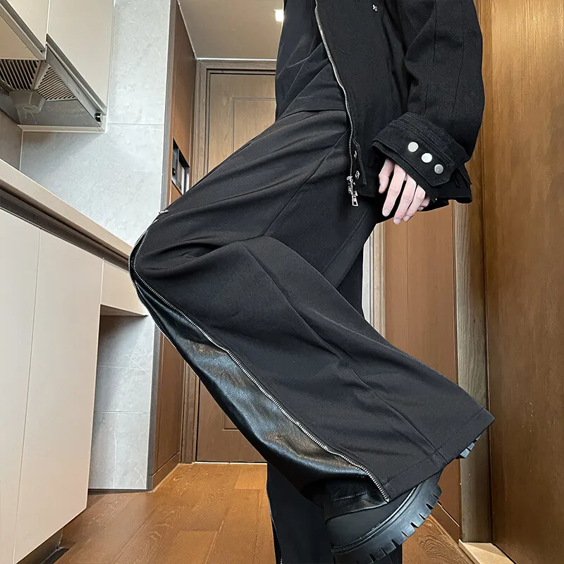 Patchwork Wide Leg Pants Men Casual trousers PU Zipper Hip Hop unisex Fashion Harajuku High Street trend Loose Pants Ropa Hombre casual pants