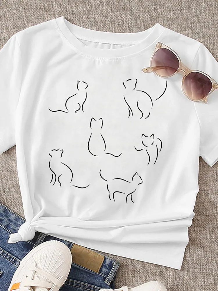 

Kawaii принт с милой кошкой футболки для женщин одежда белая футболка с коротким рукавом футболки с графическим рисунком Новый Y2k винтажный Топ