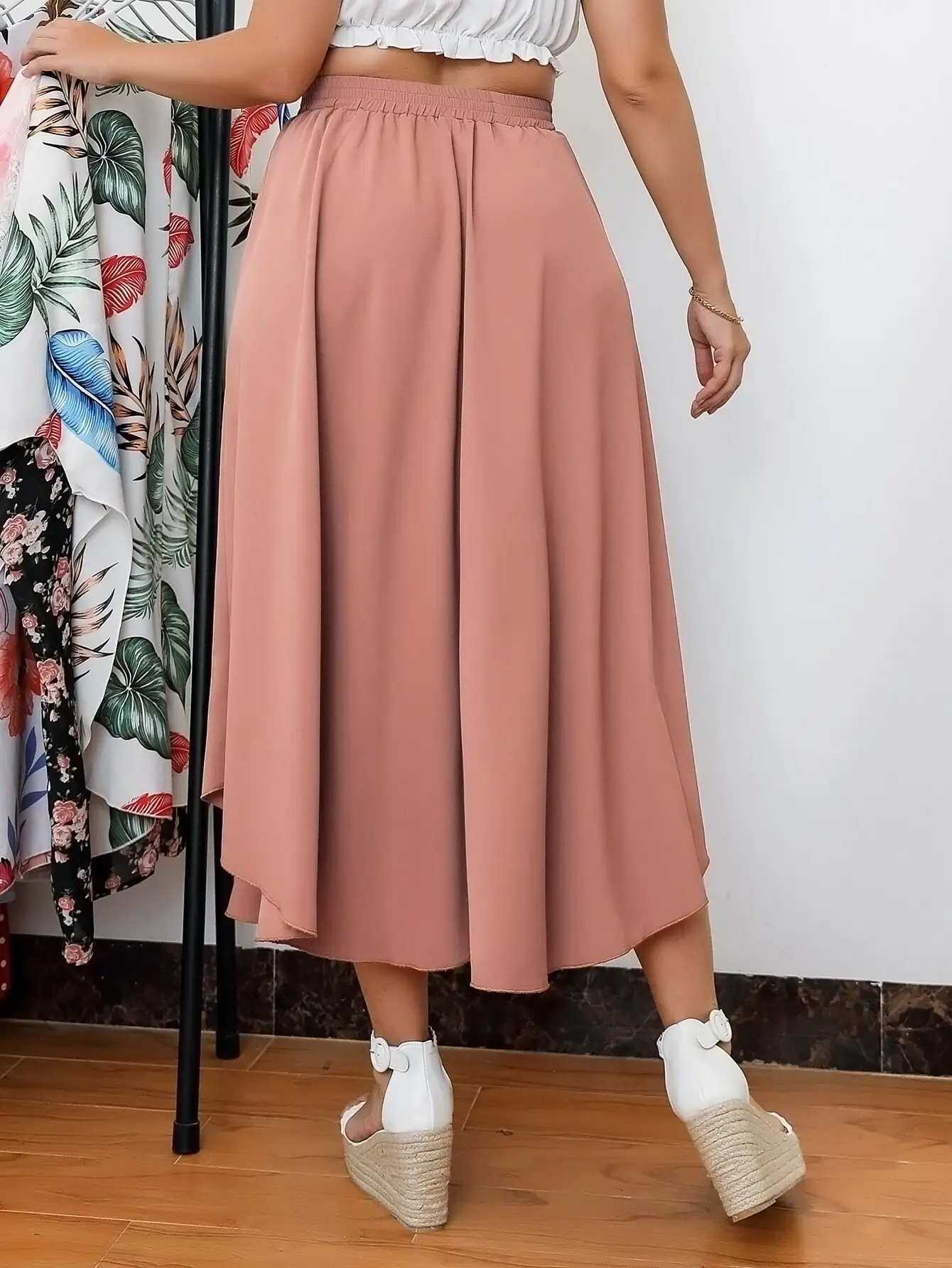 Finjani Plus Size Drawstring Waist Skirt For Woman Solid Ruffle Hem Summer Fashion Skirts